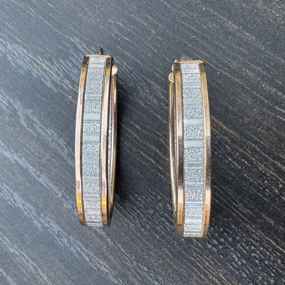 Vtg MILOR 925 Sterling Silver Gold Tone Hoop Earrings 1.5” Italy Sparkly Oval - Picture 5 of 10